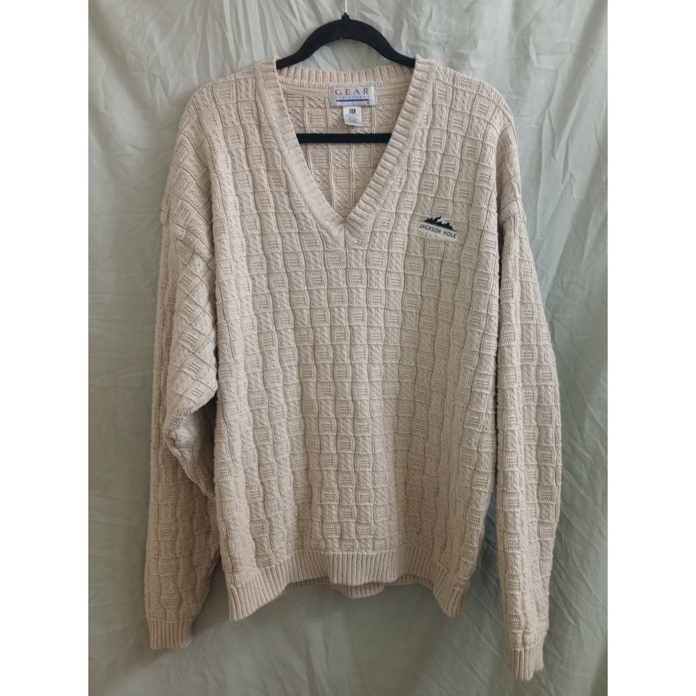 Vintage Jackson Hole Sweater Waffle Knit Gorpcore Beige Wyoming Ski Resort XL
